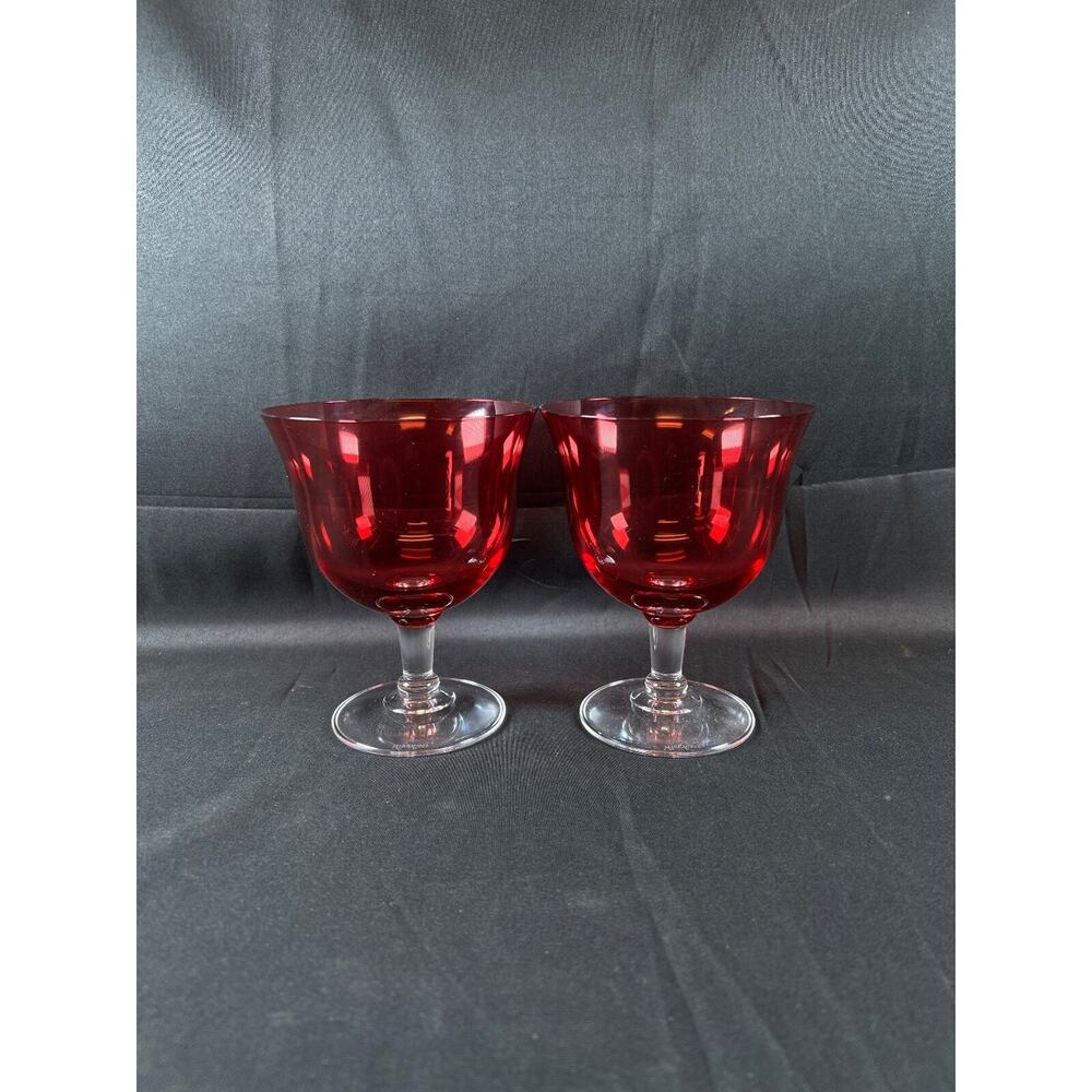 Marc Aurel Cranberry Crystal Wine Goblet Glass Column Stems Set of 2 Champagne
